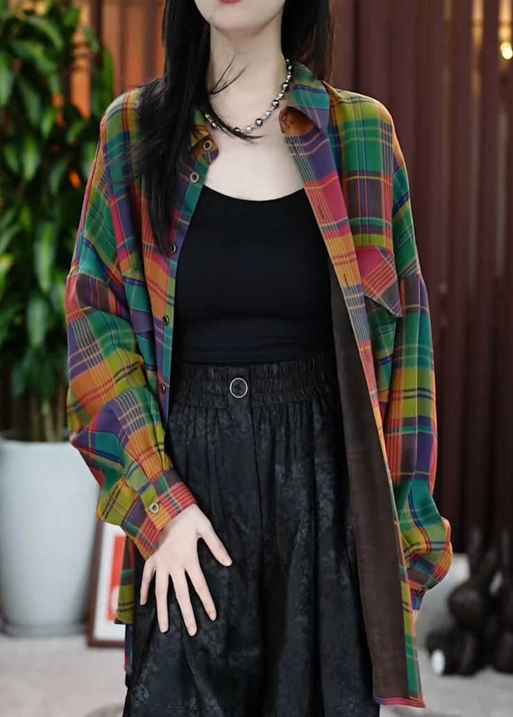 Casual Peter Pan Collar Pockets Plaid Cotton Shirts Coats Fall QI037