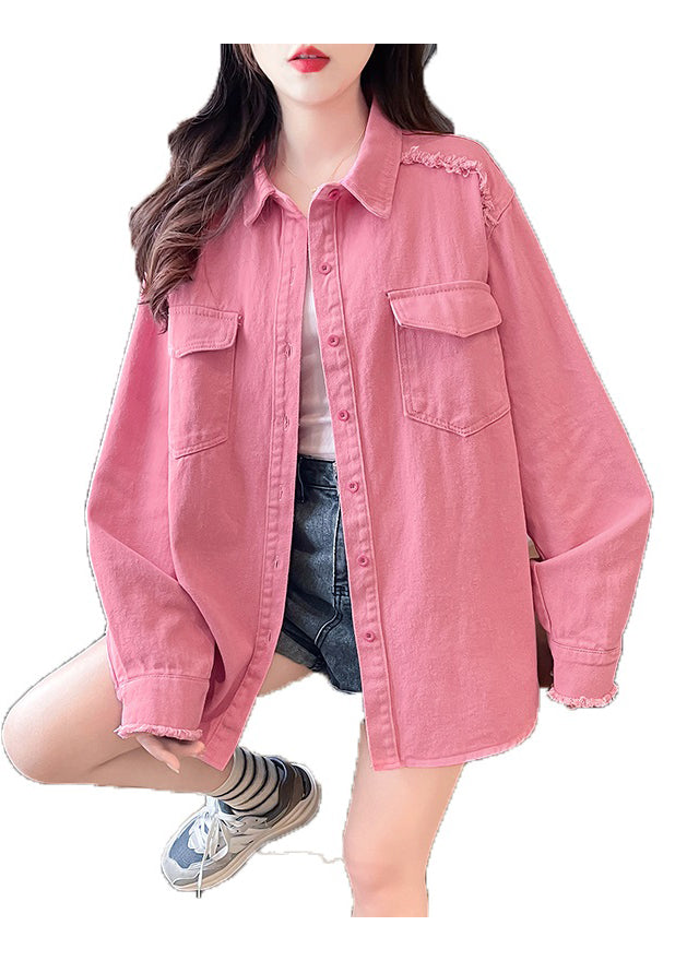 Casual Pink Peter Pan Collar Pockets Denim Shirts Coat Fall QA055