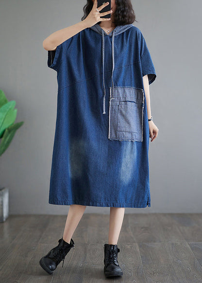 Casual Plus Size Blue Hooded Patchwork Denim Dress Summer AP074