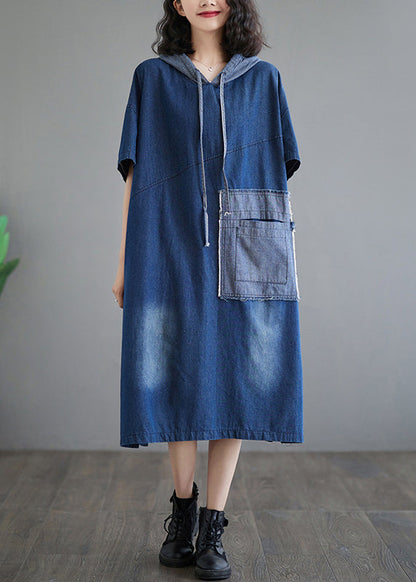 Casual Plus Size Blue Hooded Patchwork Denim Dress Summer AP074