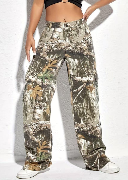 Pantalon décontracté à poches et imprimé printemps, taille haute, en coton