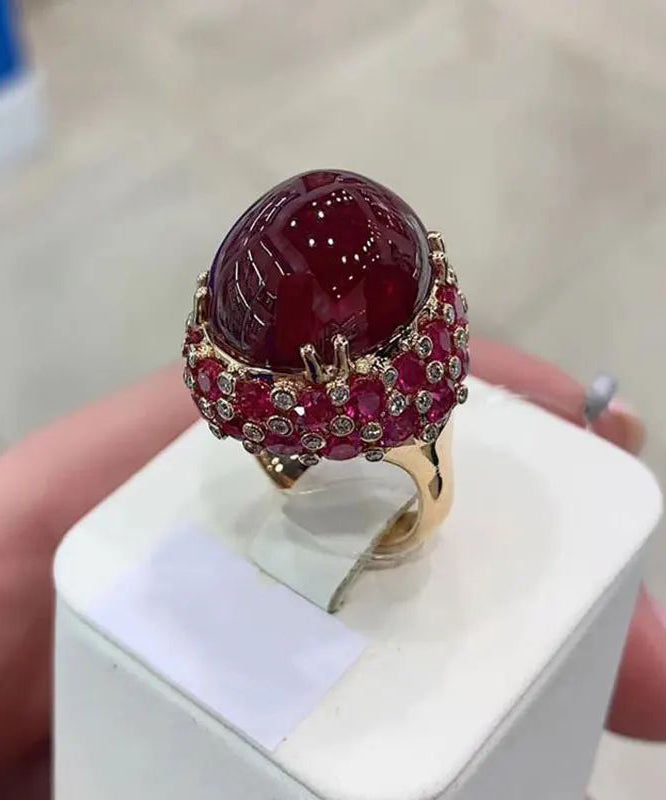 Bague décontractée en or rose 14 carats plaquée or violet avec rubis ovale incrusté QI049