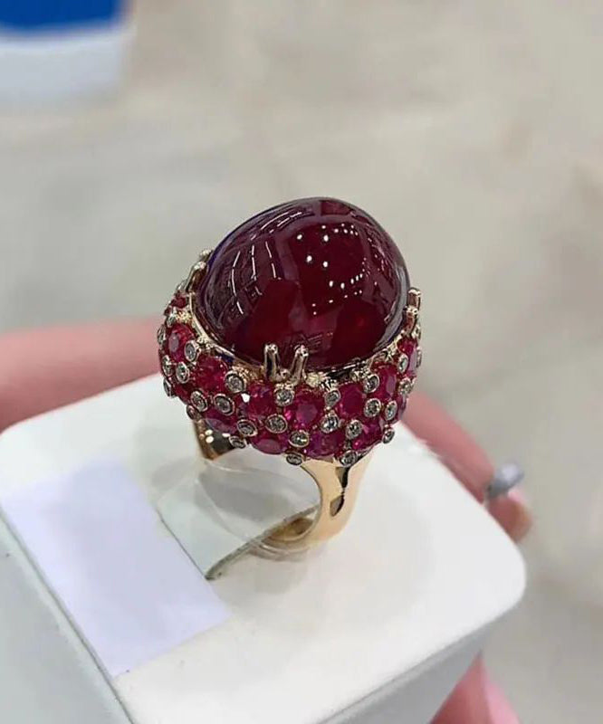 Bague décontractée en or rose 14 carats plaquée or violet avec rubis ovale incrusté QI049