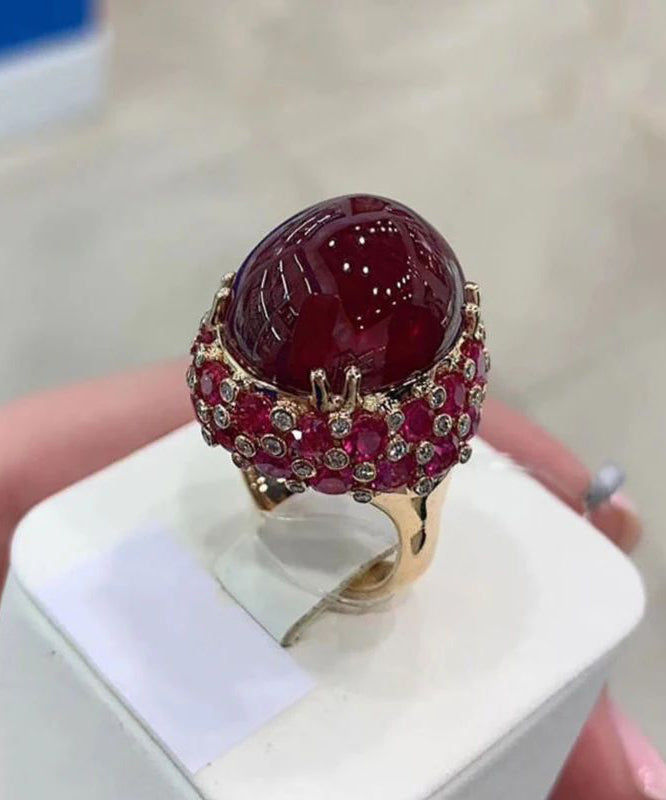 Bague décontractée en or rose 14 carats plaquée or violet avec rubis ovale incrusté QI049