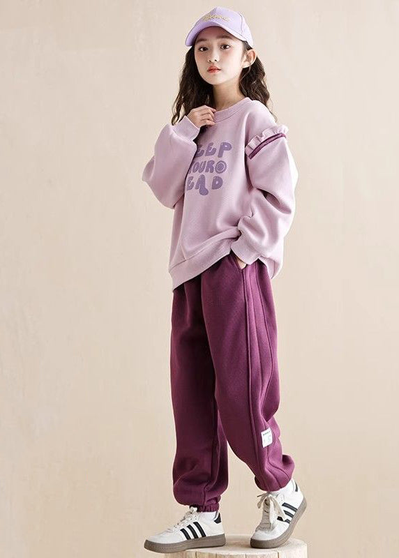 Casual Purple Ruffled Patchwork Kids Warm Fleece Sweatshirt And Beam Pants Two Piece Set Spring TR010