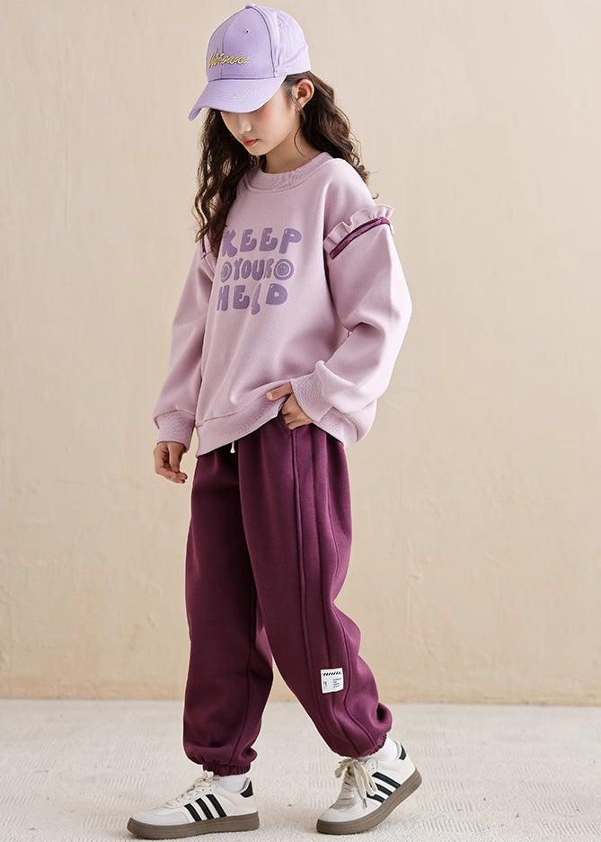 Casual Purple Ruffled Patchwork Kids Warm Fleece Sweatshirt And Beam Pants Two Piece Set Spring TR010