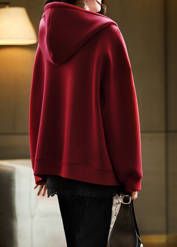 Casual Red Hooded Pockets Zippered Cotton Coats Fall QI040