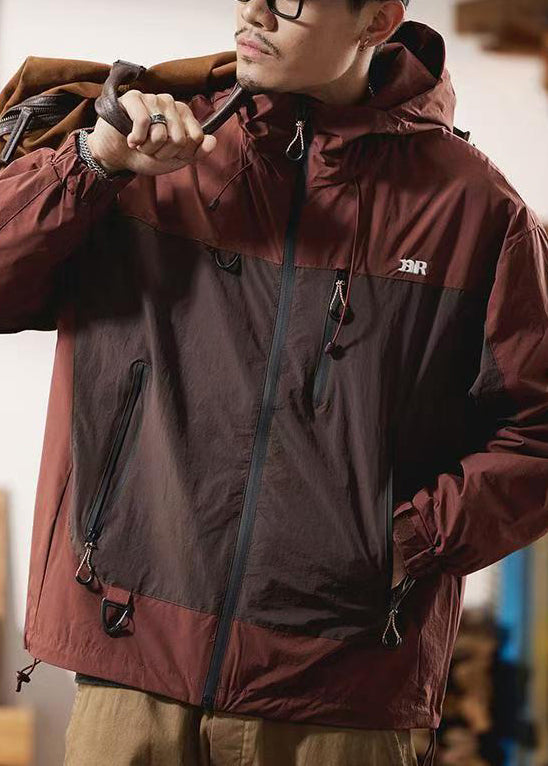 Manteau à capuche zippé en coton rouge pour homme, style décontracté