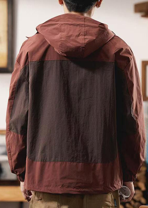 Manteau à capuche zippé en coton rouge pour homme, style décontracté