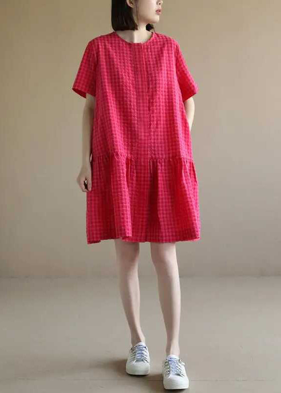 Red Dresses Mid Summer Plaid Cotton O Casual Neck