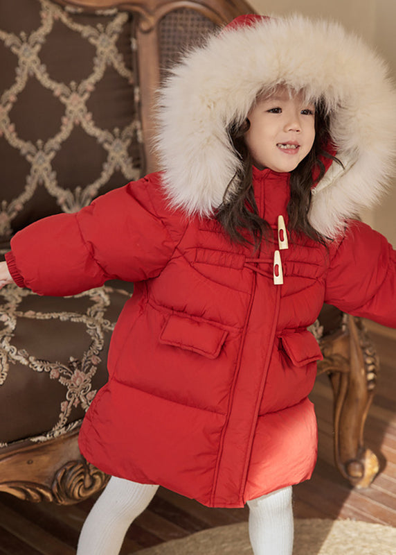 Casual Red Patchwork Pockets Fur Collar Detachable Kids Down Coats Winter WL014