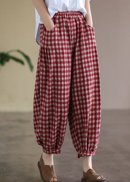 Casual Red Plaid Pockets Elastic Waist Linen Crop Pants Summer FF010