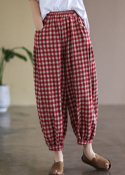 Casual Red Plaid Pockets Elastic Waist Linen Crop Pants Summer FF010