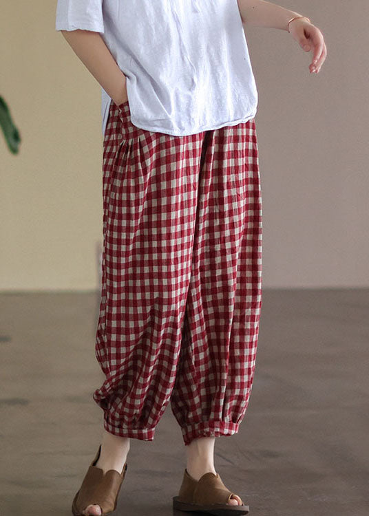 Casual Red Plaid Pockets Elastic Waist Linen Crop Pants Summer FF010