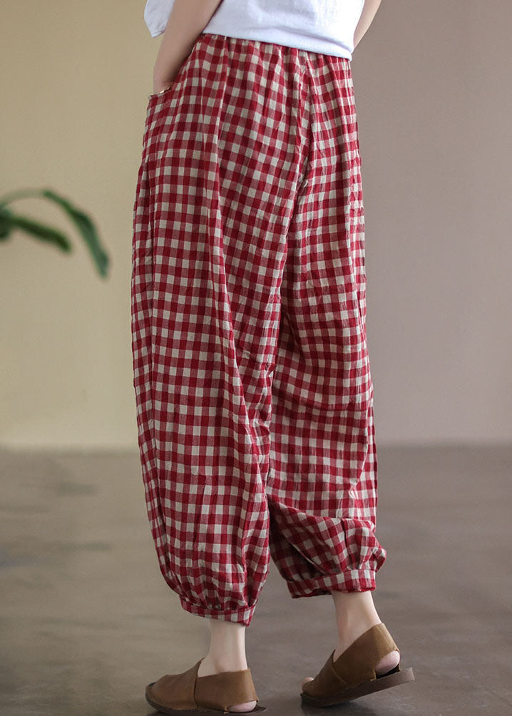 Casual Red Plaid Pockets Elastic Waist Linen Crop Pants Summer FF010