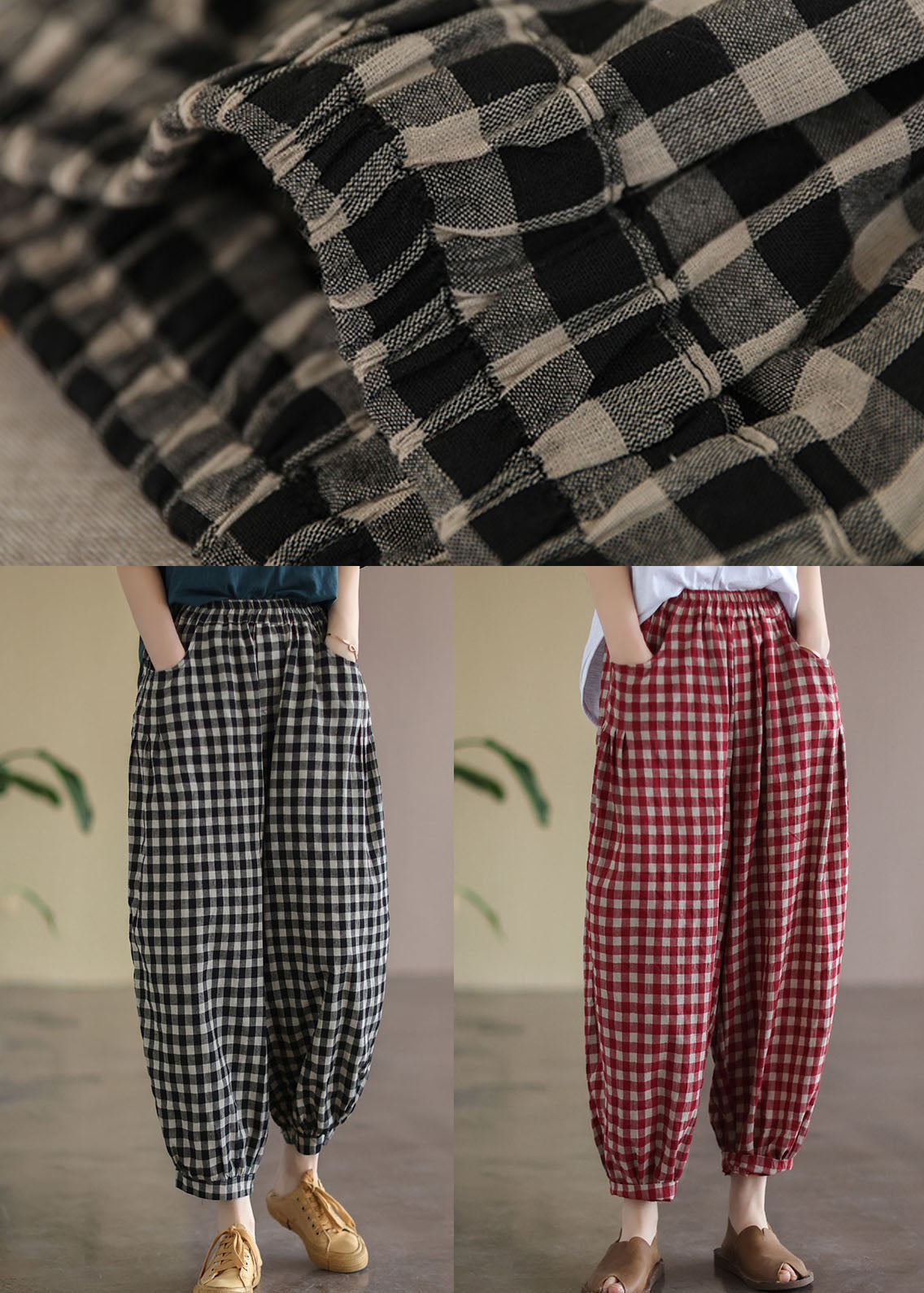 Casual Red Plaid Pockets Elastic Waist Linen Crop Pants Summer FF010