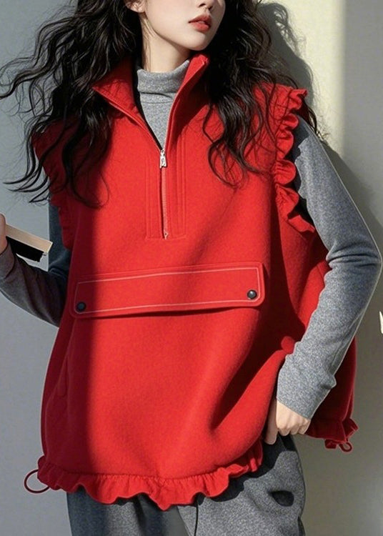 Lässiges rotes Rüschen-Top aus Baumwolle mit Patchwork-Muster und Reißverschluss, ärmellos, TN029