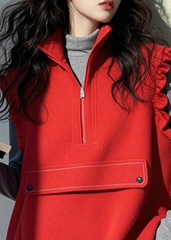 Lässiges rotes Rüschen-Top aus Baumwolle mit Patchwork-Muster und Reißverschluss, ärmellos, TN029