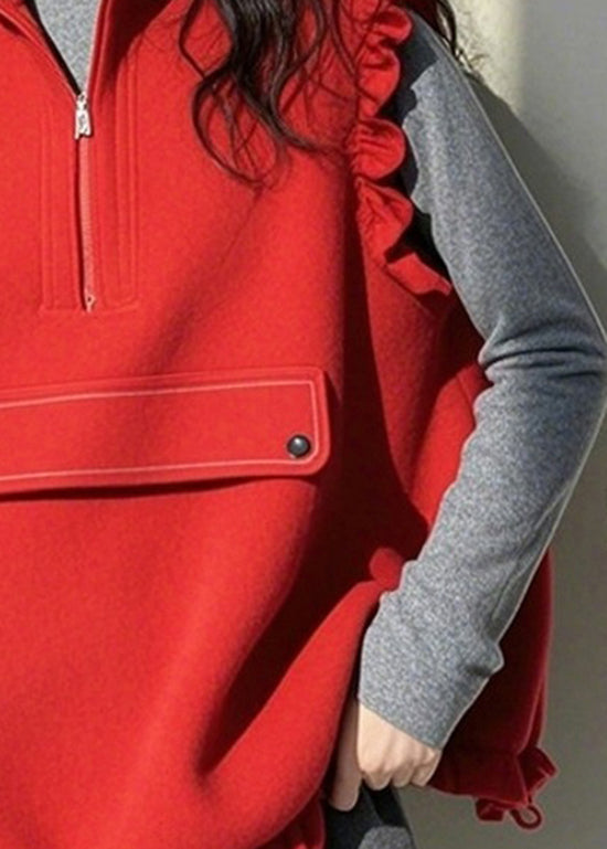 Lässiges rotes Rüschen-Top aus Baumwolle mit Patchwork-Muster und Reißverschluss, ärmellos, TN029