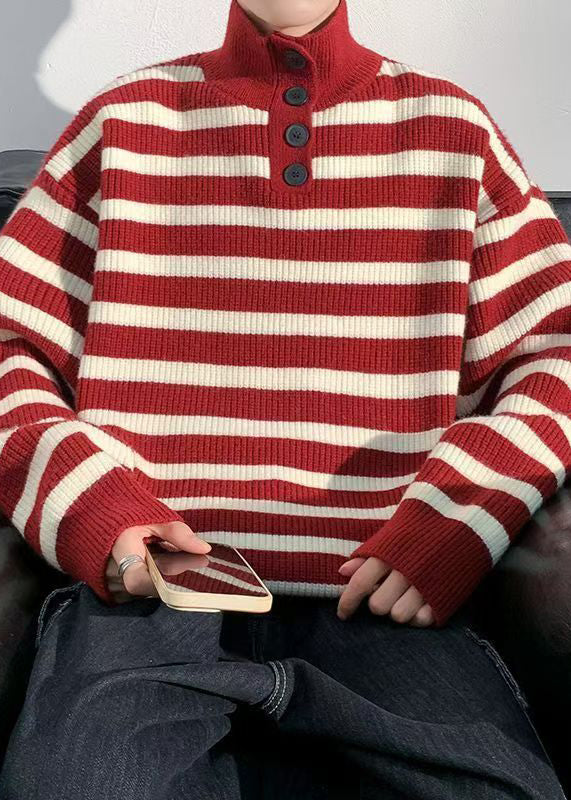 Casual Red Striped Button Knit Mens Sweaters Winter RJ044