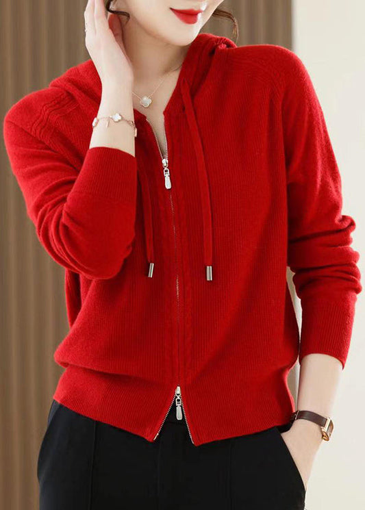 Cardigans décontractés à capuche en laine rouge avec fermeture éclair, printemps YY027