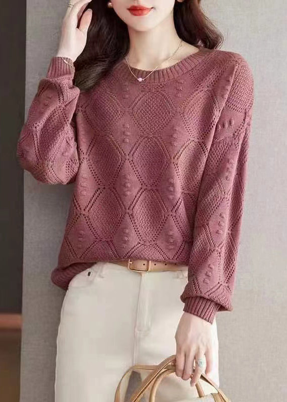 Casual Rose O-Neck Hollow Out Cotton Knitted Sweaters Fall WR046