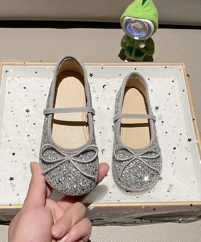 Chaussures plates décontractées argentées pour filles avec nœud en dentelle