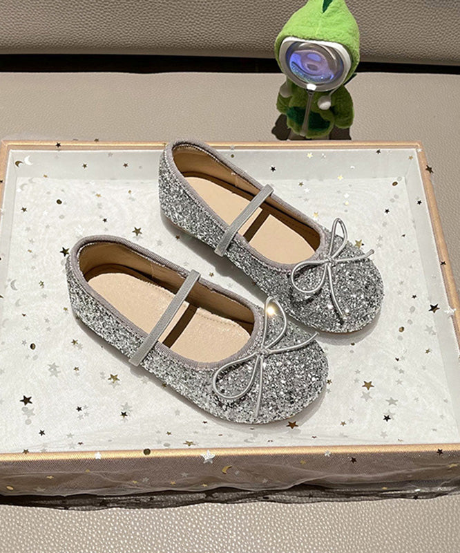 Chaussures plates décontractées argentées pour filles avec nœud en dentelle