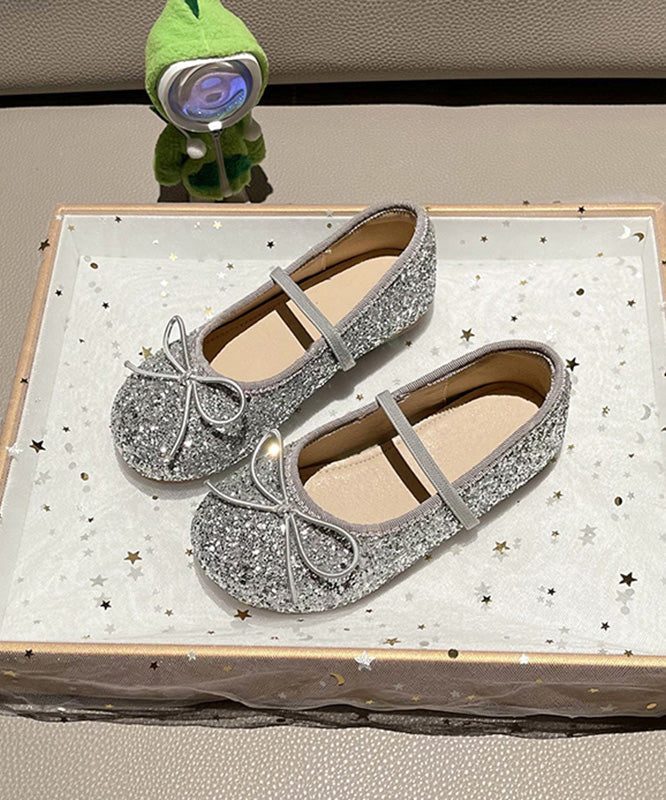 Chaussures plates décontractées argentées pour filles avec nœud en dentelle