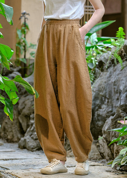 Casual Simple Yellow Pockets Elastic Waist Linen Pants Summer QK009