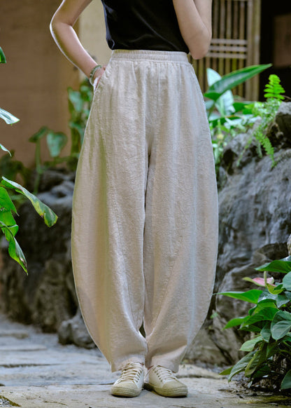 Casual Simple Yellow Pockets Elastic Waist Linen Pants Summer QK009