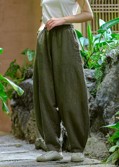 Casual Simple Yellow Pockets Elastic Waist Linen Pants Summer QK009