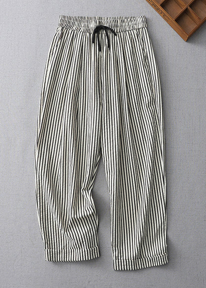 Casual Striped Lace Up Elastic Waist Cotton Crop Pants Summer GG020