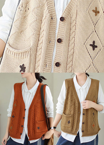 Casual Versatile Beige V Neck Embroideried Knit Vest Fall QA034