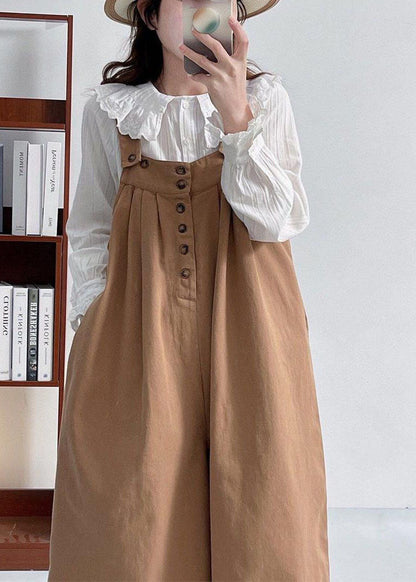 Casual Versatile Coffee Cotton Shoulder Strap Pants Summer FF026