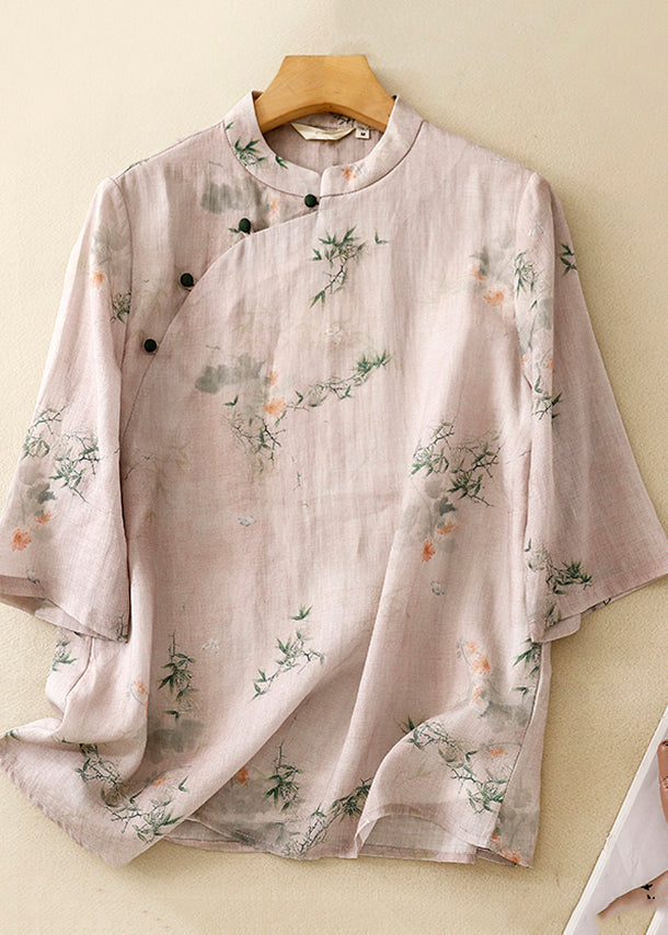 Casual Versatile Pink Stand Collar Print Cotton Shirts Summer AM1045