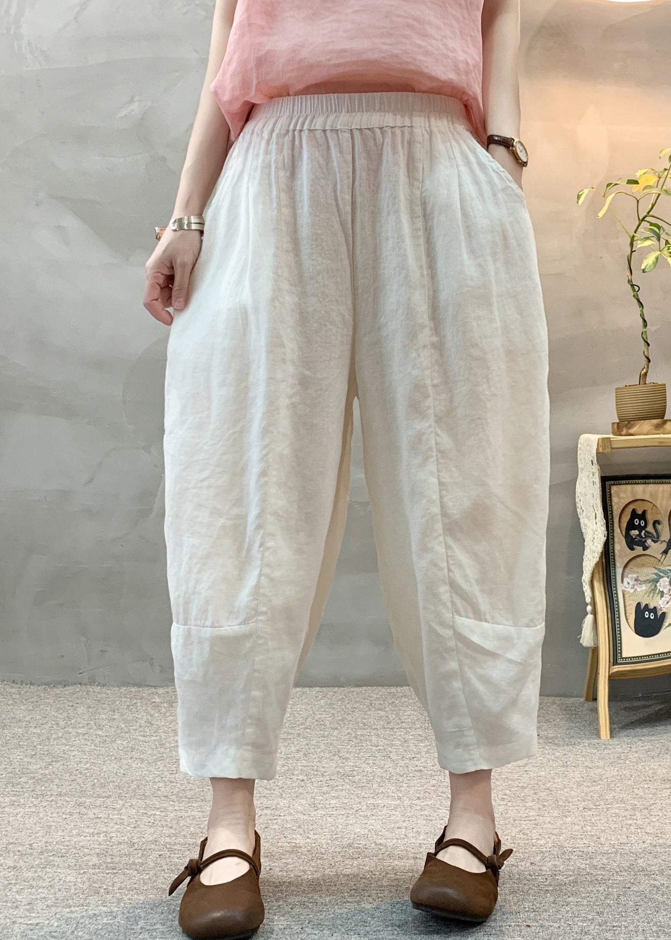 Hose Sommer Taille Weiß Leinen Harem Casual Elastic