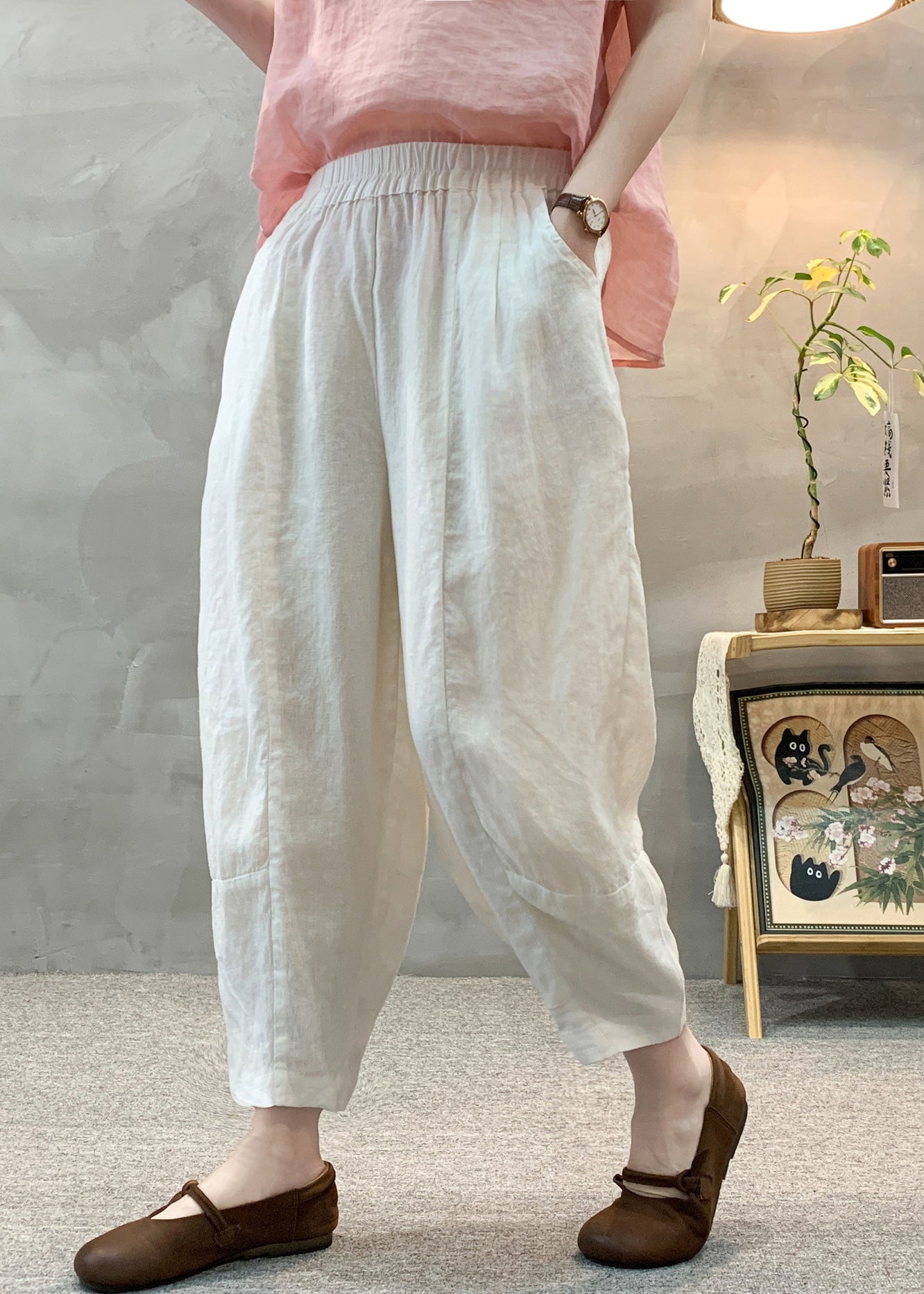 Hose Sommer Taille Weiß Leinen Harem Casual Elastic