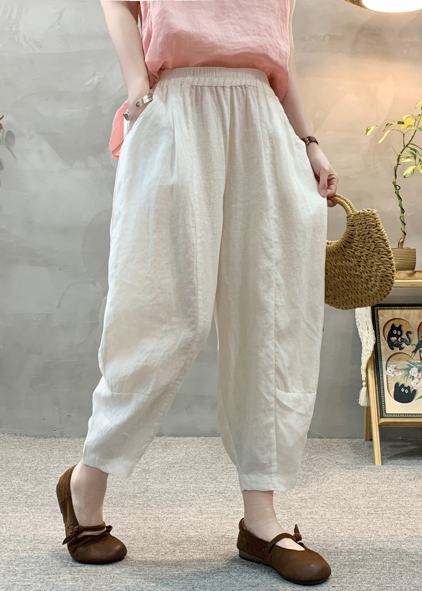 Hose Sommer Taille Weiß Leinen Harem Casual Elastic