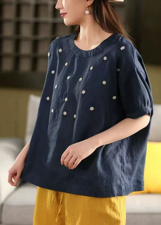 Linen Casual O-Neck Embroideried Tops Summer White