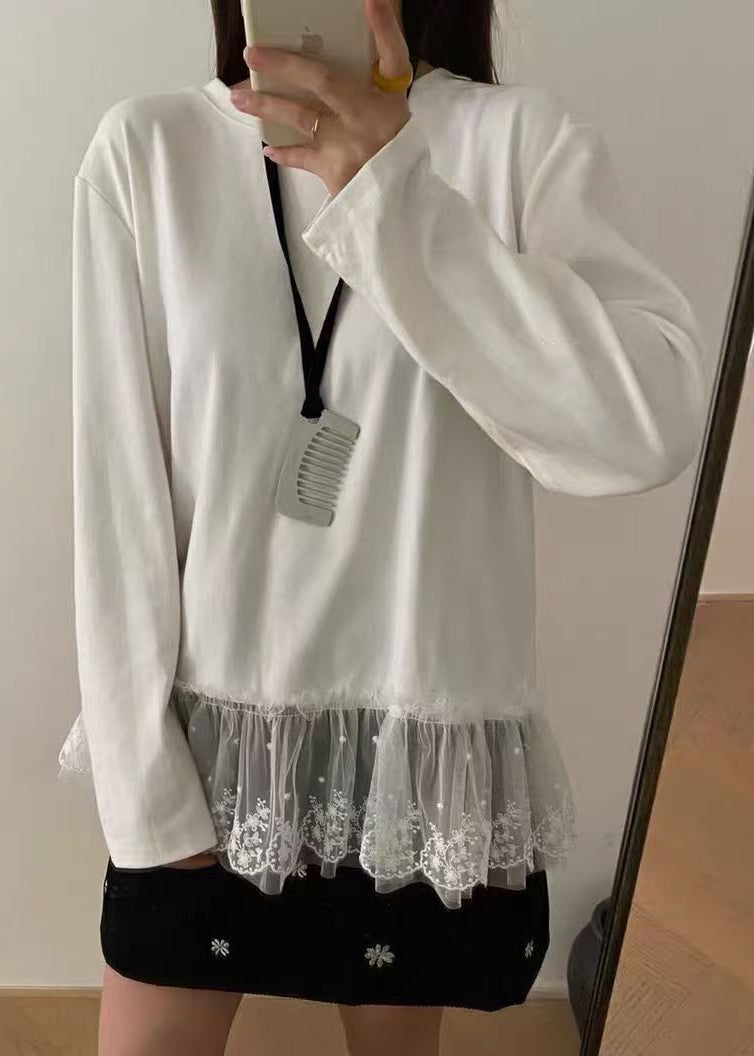 Casual Weiß O Neck Spitze Patchwork Baumwolle T Shirts Top Frühling YF001