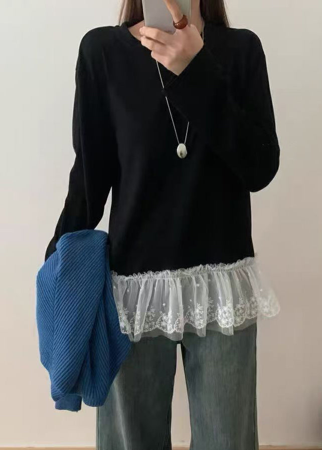 Casual Weiß O Neck Spitze Patchwork Baumwolle T Shirts Top Frühling YF001
