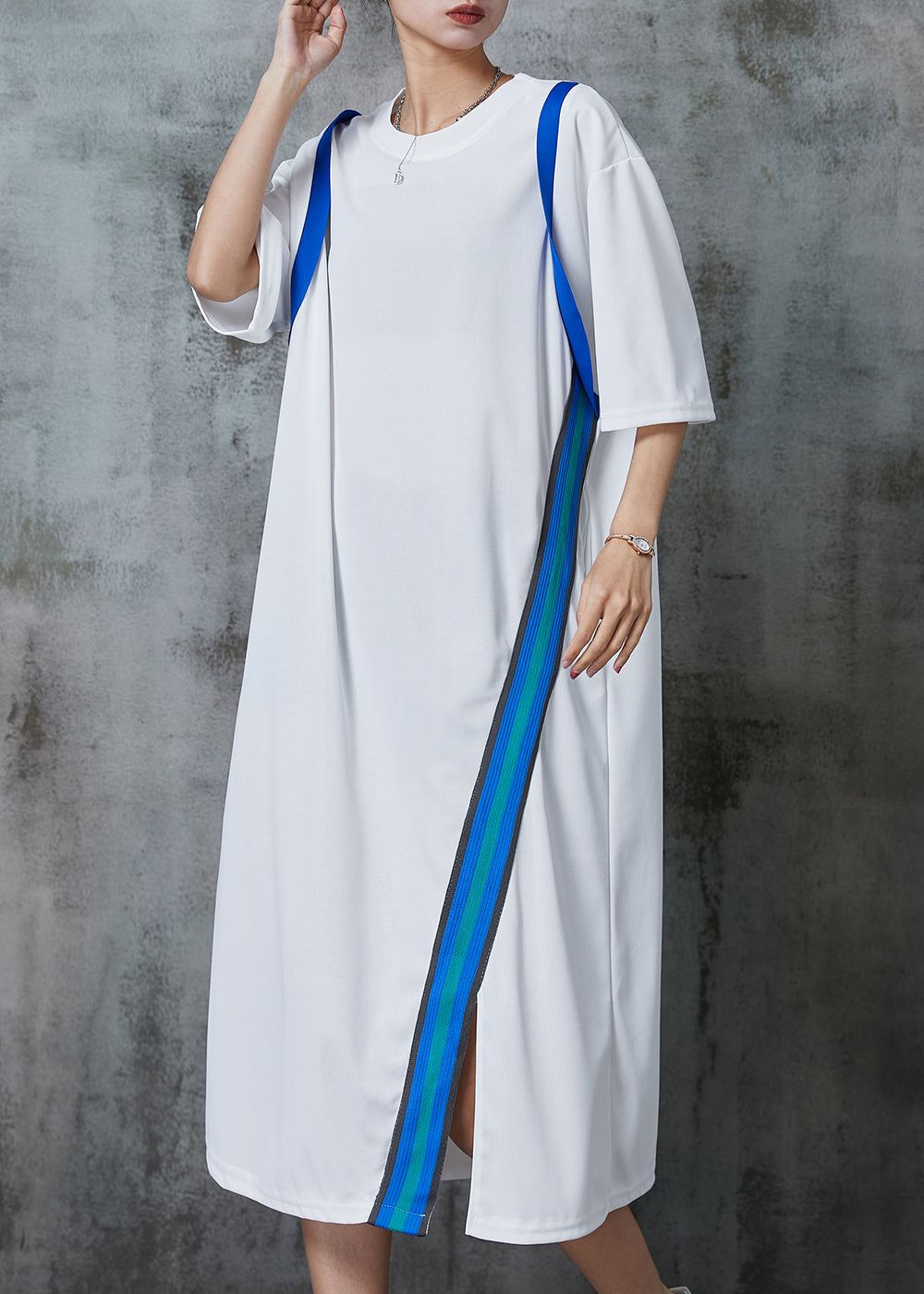 Casual White Oversized Patchwork Cotton Long Dresses Summer AL1011