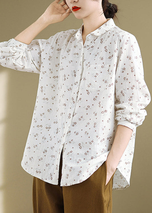 Chemise décontractée en coton blanc à col Peter Pan, imprimé, printemps TN003