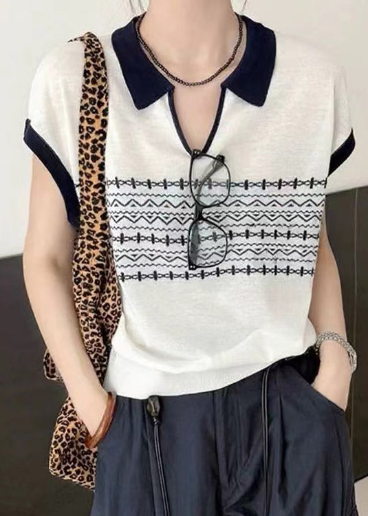 Knit Print Casual Summer Top Peter Pan Collar White