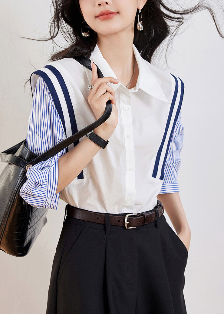 Casual White Peter Pan Collar Striped Patchwork Top Half Sleeve WW001