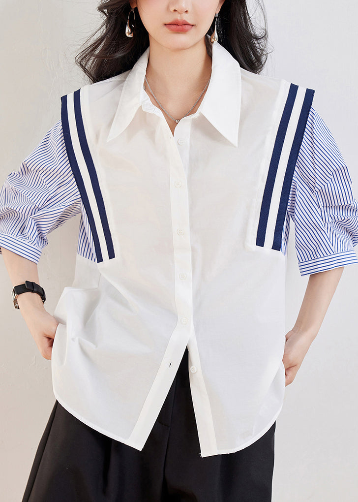 Casual White Peter Pan Collar Striped Patchwork Top Half Sleeve WW001