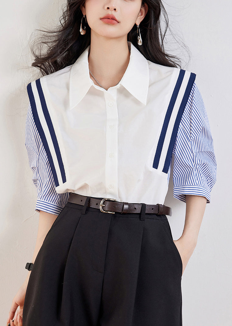 Casual White Peter Pan Collar Striped Patchwork Top Half Sleeve WW001