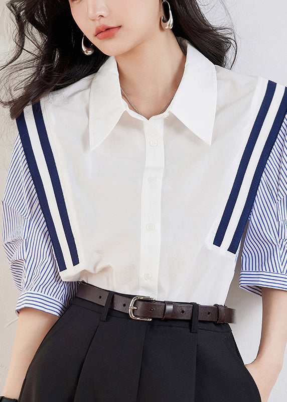 Casual White Peter Pan Collar Striped Patchwork Top Half Sleeve WW001