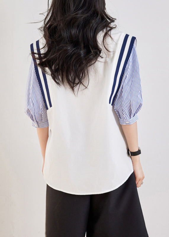 Casual White Peter Pan Collar Striped Patchwork Top Half Sleeve WW001